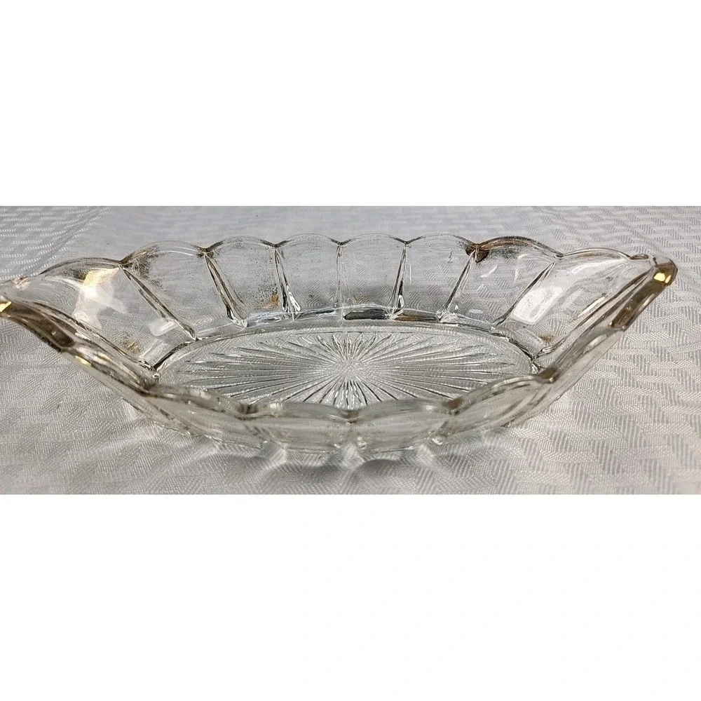 Vintage Pressed Glass Oval Relish Dish Scalloped Gold Brushed Rim Starburst Base